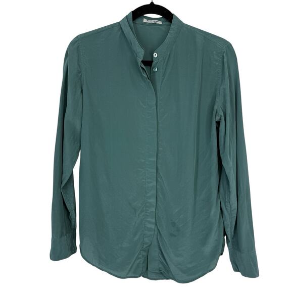 Everlane Silk Button Up Shirt Size Small Green Chiffon Mandarin Collar Long Slv - Picture 1 of 11